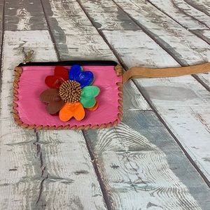 Pink Leather Clutch with Multicolored Flower